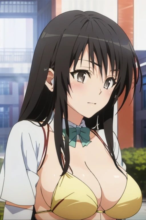 from side, megami magazine, anime poster style, (shueisha style, anime cels style, best quality, high resolution), Kotegawa Yui, long hair, black hair, (beautiful detailed eyes:1.8, beautiful face:1.5), 1girl, cute, (sagging large breasts), cleavage, (maid bikini:1.5, waist apron), cowboy shot, maid gloves, elbow gloves, sitting, outdoors, farm