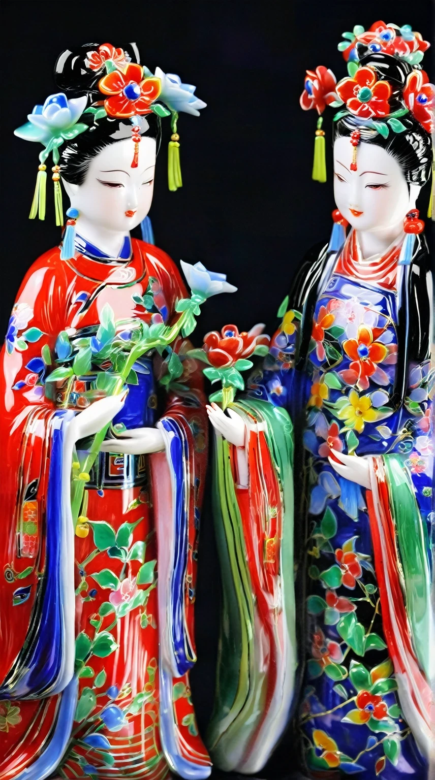 Art  jade doll，
Two ancient Chinese beauties, one wearing red and the other blue green , holding flowers in their hands, ceramic dolls made with colorful glaze color glass painting on a black background, bright colors, meticulous brushwork, high definition photography in the style of glass painting. --ar 71:128
