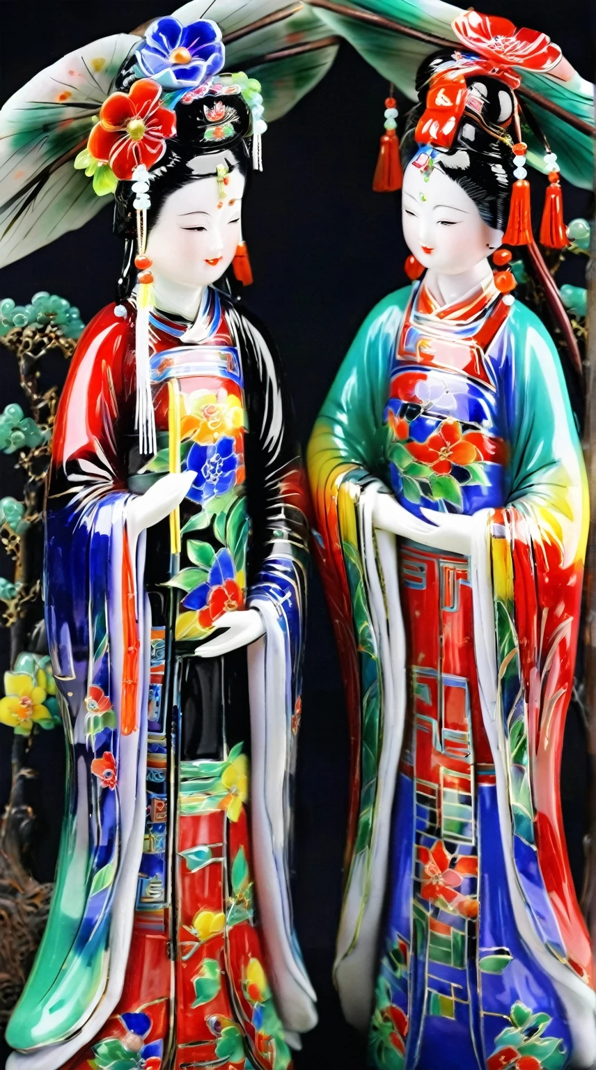 Art  jade doll，
Two ancient Chinese beauties, one wearing red and the other blue green , holding flowers in their hands, ceramic dolls made with colorful glaze color glass painting on a black background, bright colors, meticulous brushwork, high definition photography in the style of glass painting. --ar 71:128
