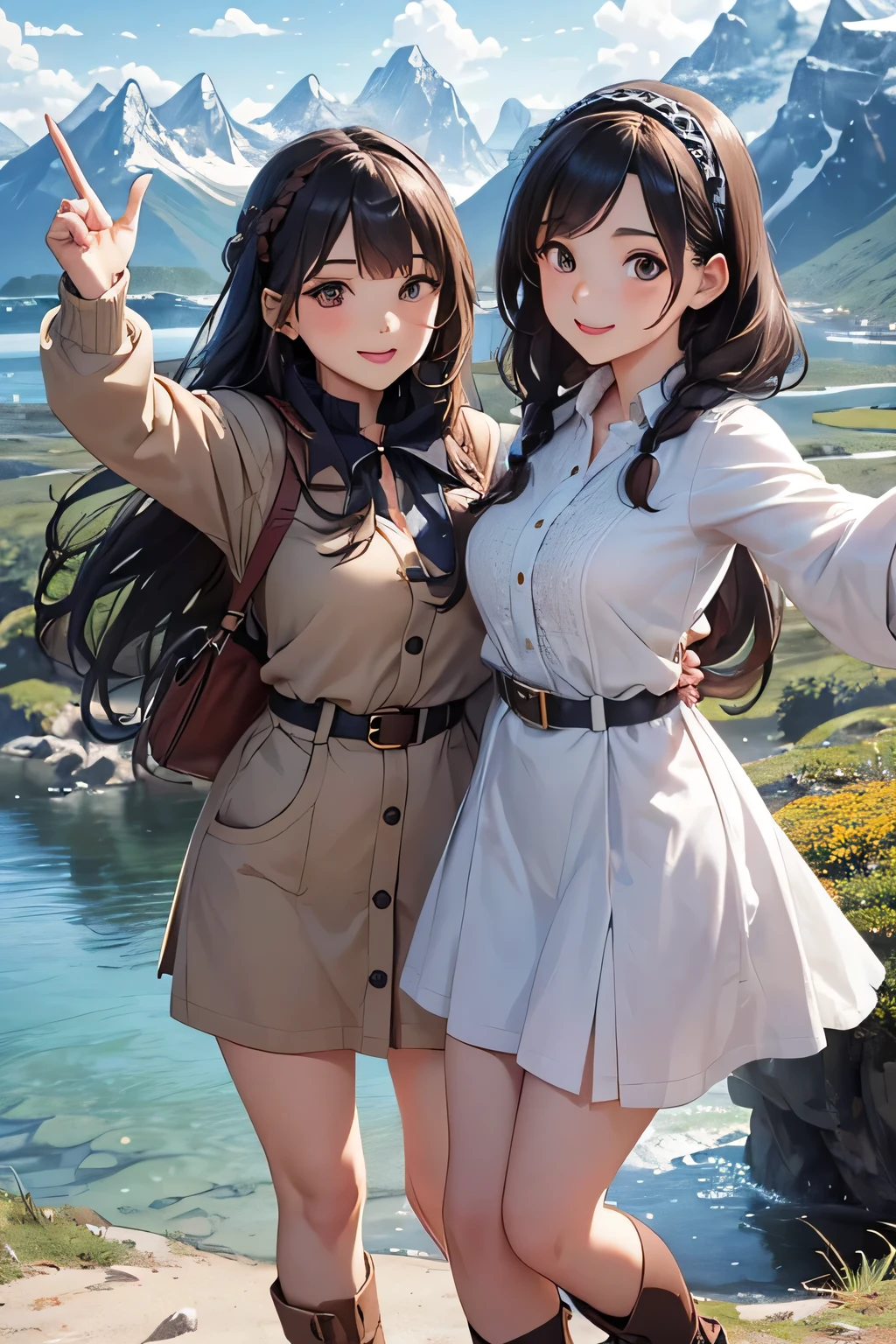 highest quality、High resolution、Detailed Background、(Beautiful face in every detail:1.4)、Anatomically correct、(Draw the usual number of fingers:1.2)、(Detailed facial expressions)、(Detailed eyes:1.2)、(Detailed eyes:1.2)、Beautiful, smooth skin、age beauty、(Highly detailed face:1.4)、Cute color hair color、Braided Ponytail、Braided Bob、Braided long hair、Wavy Hairstyle、well-groomed eyebrows、Cute Eye Makeup、Cute Lip Makeup、In a joking manner、Do cute things、Sunny autumn mountain、A big smile、In the beautiful natural scenery、Spectacular natural scenery、Fit on one screen、
(Two beautiful girls having fun with friends with mountains in the background:1.5)、
Ladylike knitted dress style、Choose a midi-length knitted dress、
Wear a long wool cardigan on top and a belt around the waist to accentuate the silhouette.、Pair your feet with tall boots or loafers and accent the look with a headband.