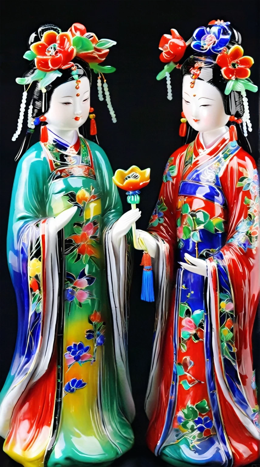 Art  jade doll，
Two ancient Chinese beauties, one wearing red and the other blue green , holding flowers in their hands, ceramic dolls made with colorful glaze color glass painting on a black background, bright colors, meticulous brushwork, high definition photography in the style of glass painting. --ar 71:128
