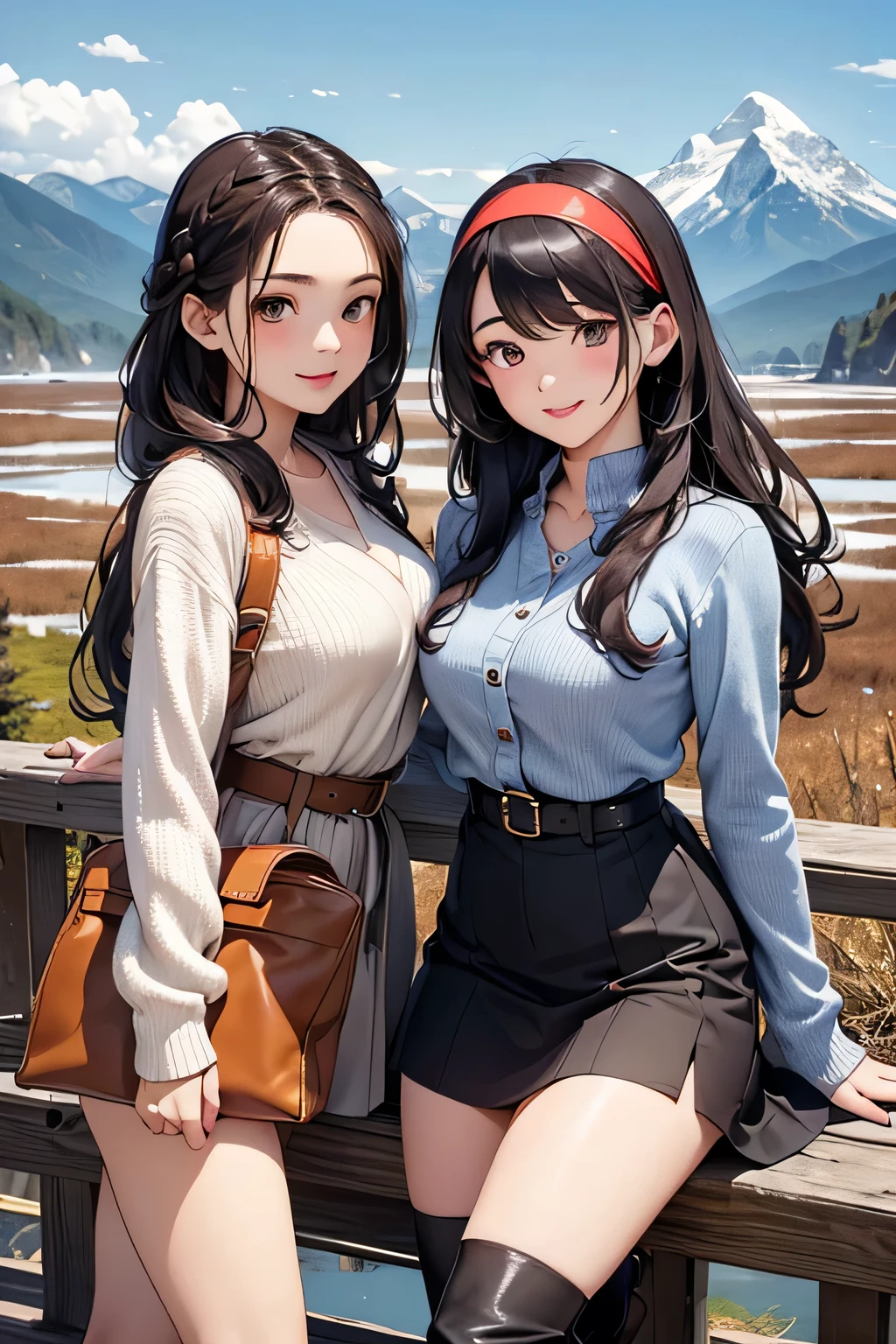 highest quality、High resolution、Detailed Background、(Beautiful face in every detail:1.4)、Anatomically correct、(Draw the usual number of fingers:1.2)、(Detailed facial expressions)、(Detailed eyes:1.2)、(Detailed eyes:1.2)、Beautiful, smooth skin、age beauty、(Highly detailed face:1.4)、Cute color hair color、Braided Ponytail、Braided Bob、Braided long hair、Wavy Hairstyle、well-groomed eyebrows、Cute Eye Makeup、Cute Lip Makeup、In a joking manner、Do cute things、Sunny autumn mountain、A big smile、In the beautiful natural scenery、Spectacular natural scenery、Fit on one screen、
(Two beautiful girls having fun with friends with mountains in the background:1.5)、
Ladylike knitted dress style、Choose a midi-length knitted dress、
Wear a long wool cardigan on top and a belt around the waist to accentuate the silhouette.、Pair your feet with tall boots or loafers and accent the look with a headband.