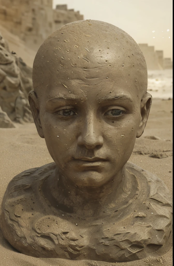 Portrait made of sand, pretty, head made of sand, unknown gender, a bald sculpture, without hair, without identity, empty face, a statue made of sand, sand particles, sandstorm, yellow sand, in the style of photo realistic sculptures, masterpiece, logo, illustration, simple background with sand dunes and storm, dust