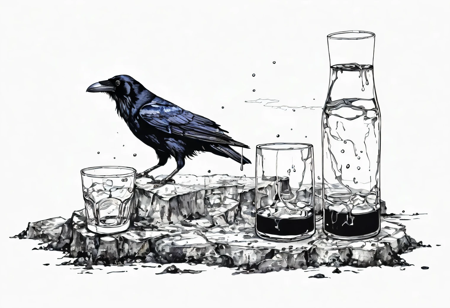 Glasses, ink, alcohol, raven, landscape, art, austerity