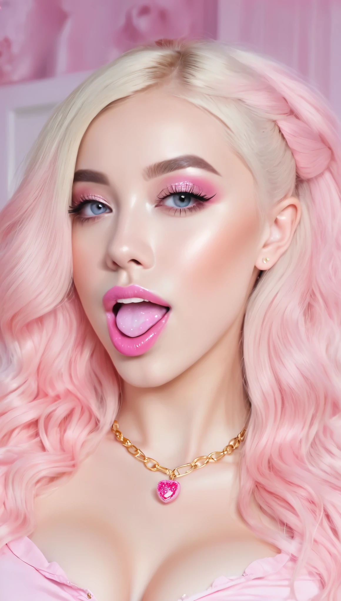 Stunning facial close-up of a female pop star, milf, mature, pink hair, pink bangs, long hairstyle, high cheekbones, glossy lipstick, big lips, bimbo lips, full lips, pouting, pouting lips, light tan skin, tight latex vest, latex skirt, looking at viewer, Best quality, 8k, Masterpiece, realistic, photorealistic, (gigantic breasts:1.2)