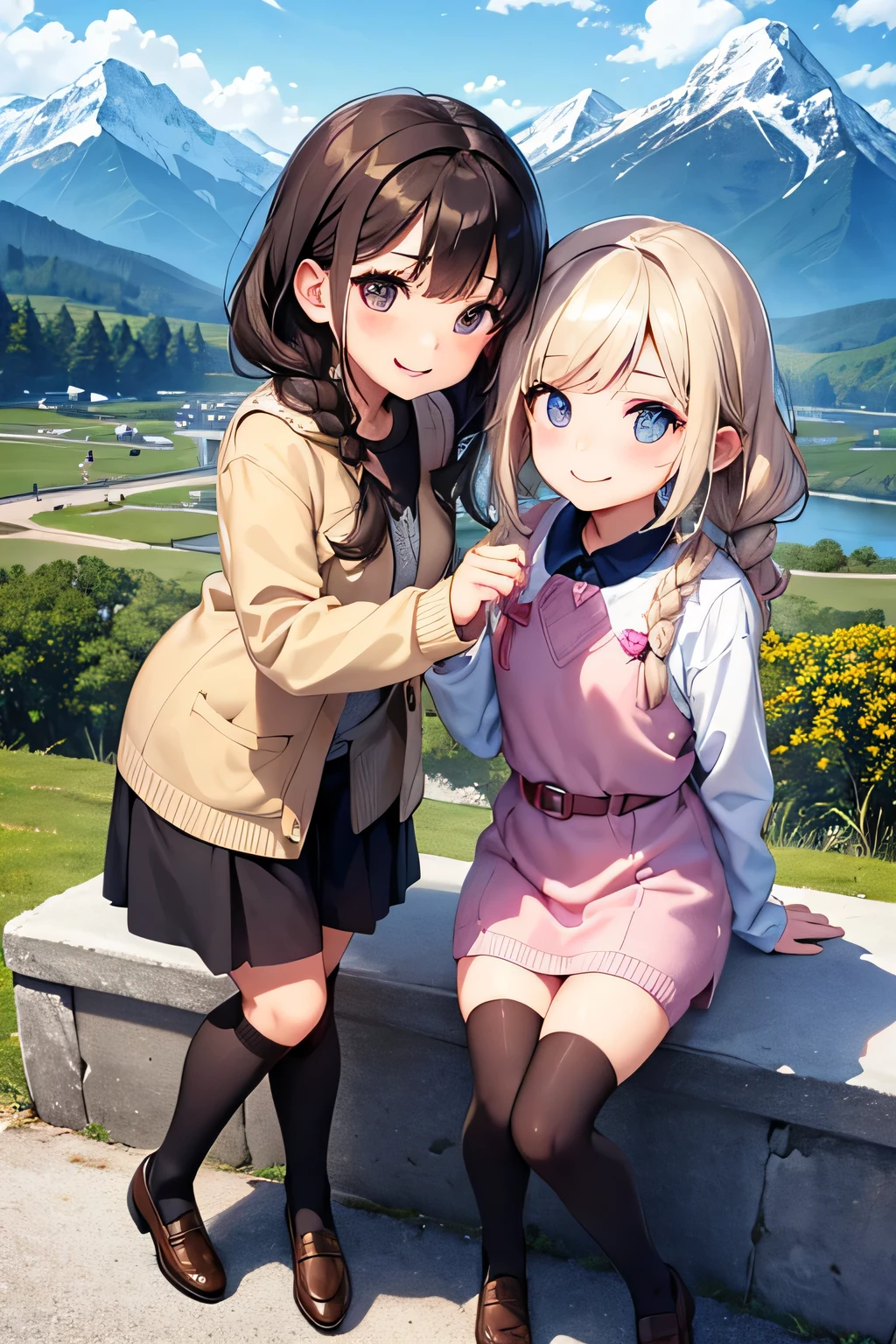 highest quality、High resolution、Detailed Background、(Beautiful face in every detail:1.4)、Anatomically correct、(Draw the usual number of fingers:1.2)、(Detailed facial expressions)、(Detailed eyes:1.2)、(Detailed eyes:1.2)、Beautiful, smooth skin、Teenage beauty、(Highly detailed face:1.4)、Cute color hair color、Braided Ponytail、Braided Bob、Braided long hair、Wavy Hairstyle、well-groomed eyebrows、Cute Eye Makeup、Cute Lip Makeup、In a joking manner、Do cute things、Sunny autumn mountain、A big smile、In the beautiful natural scenery、Spectacular natural scenery、Fit on one screen、

(Two beautiful girls having fun with friends with mountains in the background:1.5)、

Ladylike knitted dress style、Choose a midi-length knitted dress、
Wear a long wool cardigan on top and a belt around the waist to accentuate the silhouette.、Pair your feet with tall boots or loafers and accent the look with a headband.