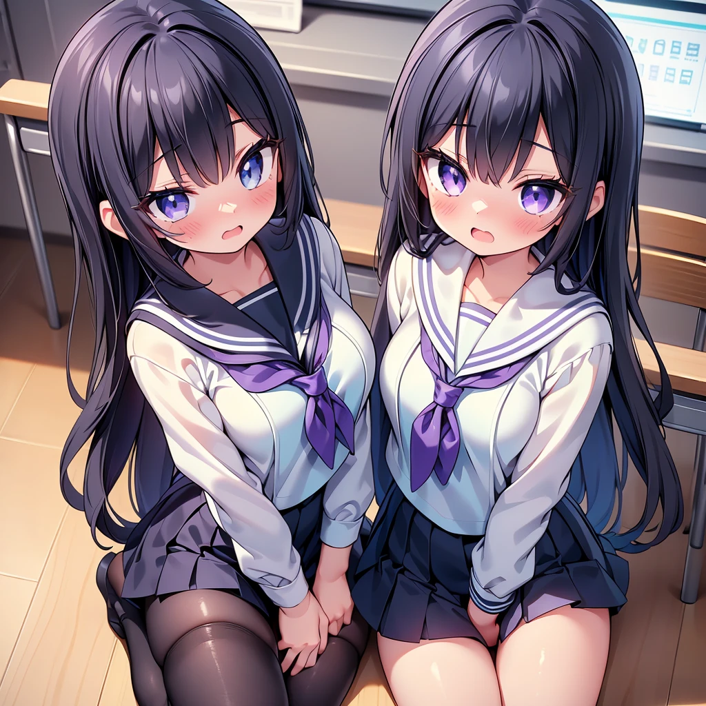 (cute eyes:1.2), (sparkling eyes:1.2), (8K、Best image quality、highest quality、masterpiece)、Detailed face、(2 girls)、Improve、(Black Hair, Purple Eyes, long hair)、(open mouth), (embarrassed), (skinny body:1.3),(small breasts), (sailor uniform:1.2), Sit on a chair, Classroom Background, (black stockings:1.1), (Thighs:1.1), (Waistline:1.1),(close-up shot of bust), (from above:1.2)