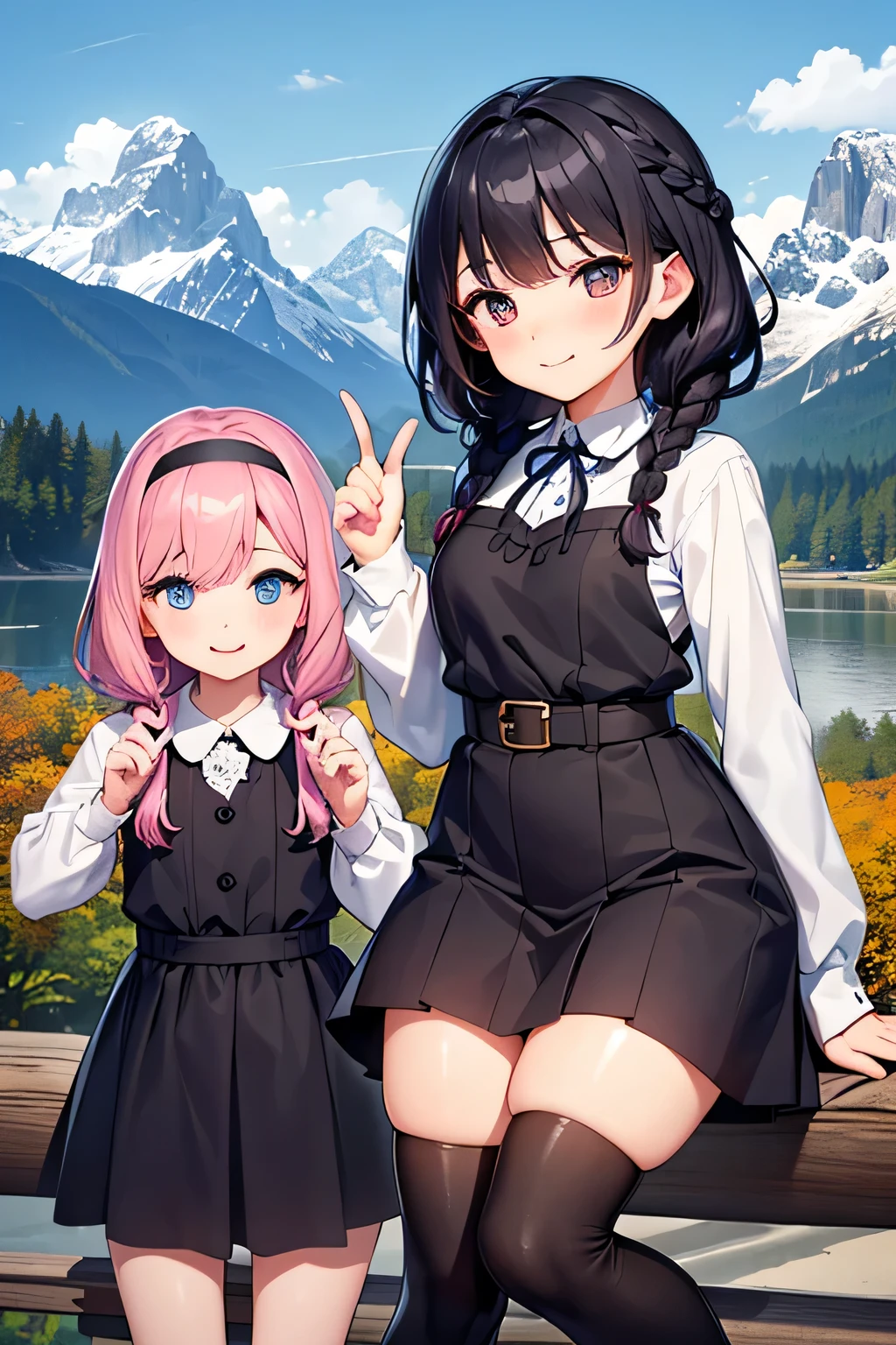 highest quality、High resolution、Detailed Background、(Beautiful face in every detail:1.4)、Anatomically correct、(Draw the usual number of fingers:1.2)、(Detailed facial expressions)、(Detailed eyes:1.2)、(Detailed eyes:1.2)、Beautiful, smooth skin、age beauty、(Highly detailed face:1.4)、Cute color hair color、Braided Ponytail、Braided Bob、Braided long hair、Wavy Hairstyle、well-groomed eyebrows、Cute Eye Makeup、Cute Lip Makeup、In a joking manner、Do cute things、Sunny autumn mountain、A big smile、In the beautiful natural scenery、Spectacular natural scenery、Fit on one screen、

(Two beautiful girls having fun with friends with mountains in the background:1.5)、

Ladylike knitted dress style、Choose a midi-length knitted dress、
Wear a long wool cardigan on top and a belt around the waist to accentuate the silhouette.、Pair your feet with tall boots or loafers and accent the look with a headband.