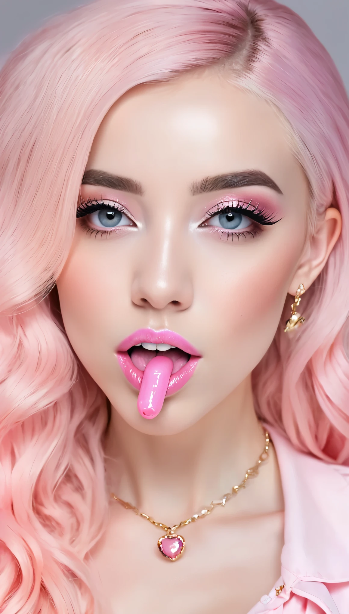 eine Nahaufnahme einer Frau mit einem rosa Oberteil und einer Halskette, belle delphine, Ava Max, Zunge raus, sexy girl, Chewing gum body, Pinke Lippen, amouranth, Portrait of Kim Petras, Ahegao, Shikamimi, mit langen blonden Haaren, Profilbild, sweet girl, blonde girl, sehr sexy, wie viel, Blonde Goddess