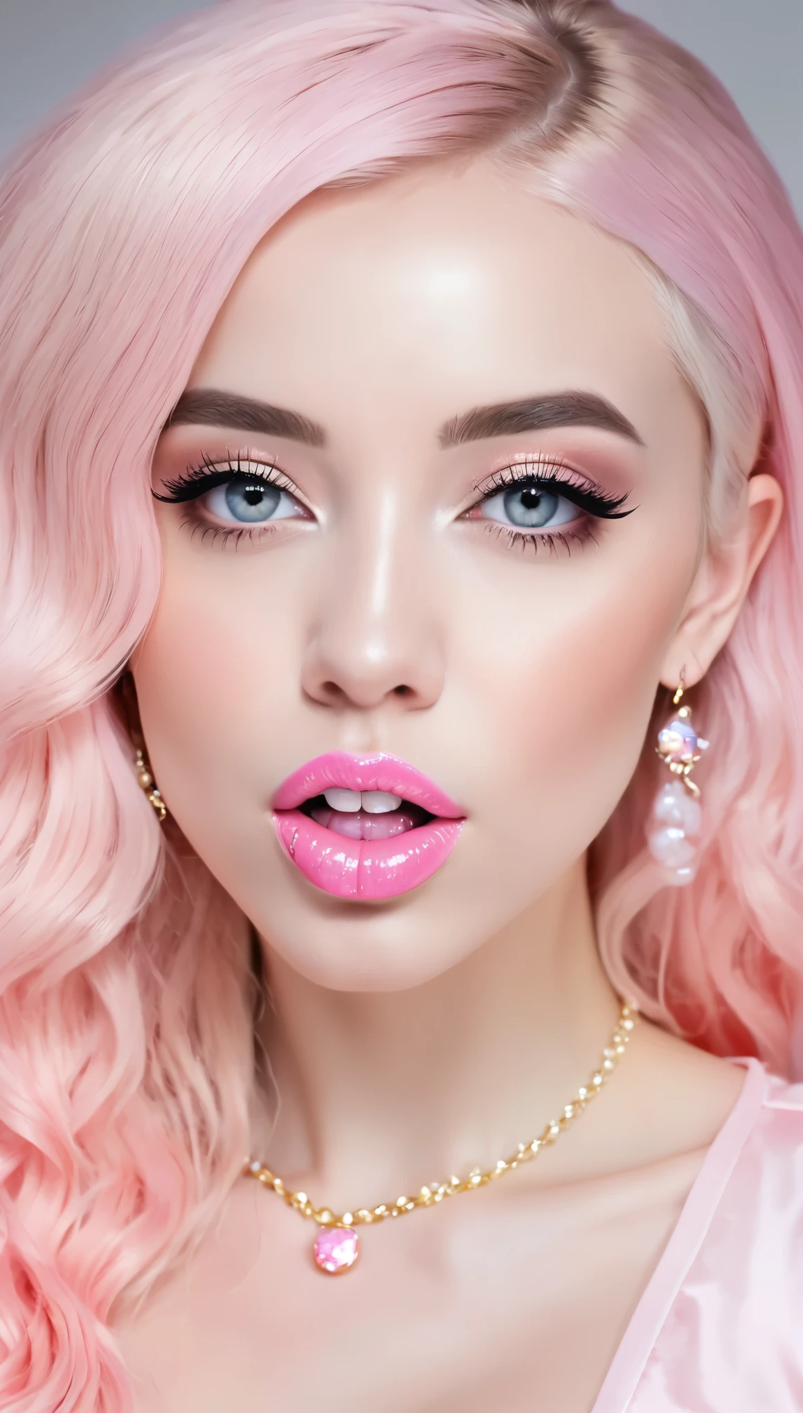 eine Nahaufnahme einer Frau mit einem rosa Oberteil und einer Halskette, belle delphine, Ava Max, Zunge raus, sexy girl, Chewing gum body, Pinke Lippen, amouranth, Portrait of Kim Petras, Ahegao, Shikamimi, mit langen blonden Haaren, Profilbild, sweet girl, blonde girl, sehr sexy, wie viel, Blonde Goddess