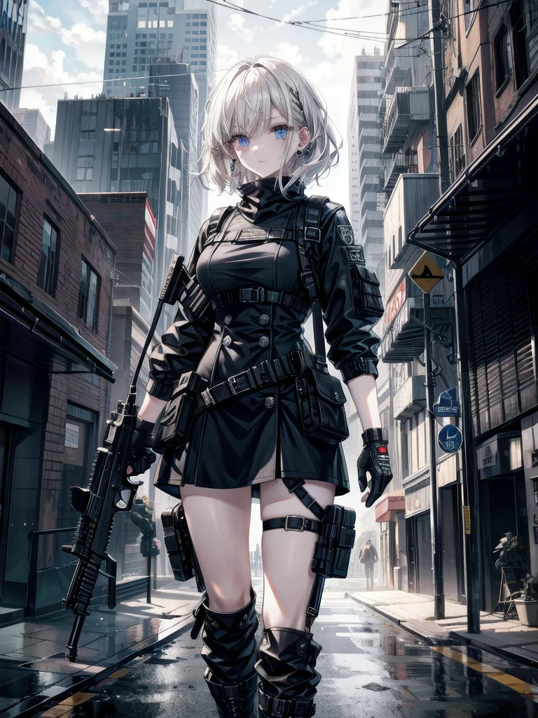 whole body, gunman attire, revolver pistol, boots, post apocalyptic city, absurdres, RAW photo, extremely delicate and beautiful, masterpiece, Best Quality, ultra high resolution, 32k, hyperrealistic, ultra-detailed, detailed description, pale skin, 20 years old, detailed beautiful face and eyes, tearful mole, earring, Colossal tits, short medium hair, wavy hair,