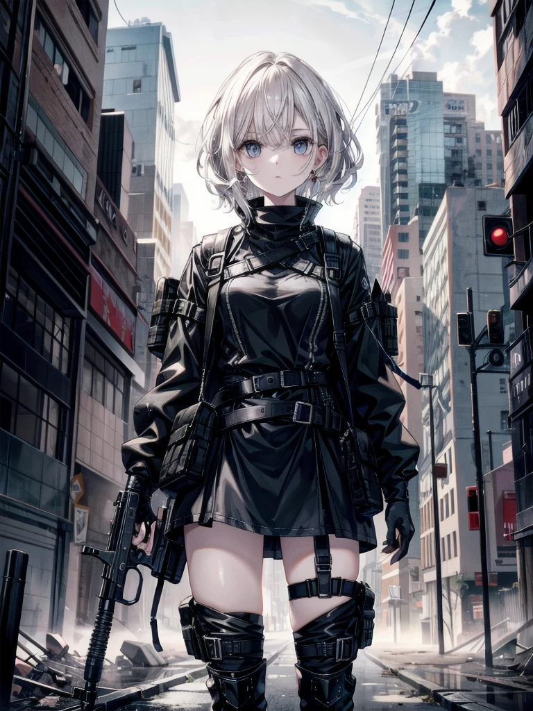 whole body, gunman attire, revolver pistol, boots, post apocalyptic city, absurdres, RAW photo, extremely delicate and beautiful, masterpiece, Best Quality, ultra high resolution, 32k, hyperrealistic, ultra-detailed, detailed description, pale skin, 20 years old, detailed beautiful face and eyes, tearful mole, earring, Colossal tits, short medium hair, wavy hair,