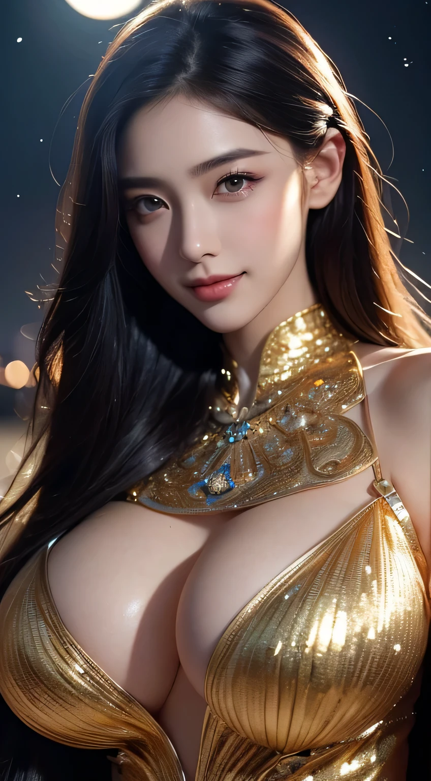 Kimono beauty, body portrait, 8k, thin and beautiful eyes, Dindal effect, masterpiece, top quality, high quality, high resolution, very detailed photo, (natural skin texture, fine skin, hyper realism, super sharpness) , high detail skin, (very fine, fine skin texture, intricate details, beautiful face, (real-like face), realistic eyes, beautifully detailed eyes, realistic skin, beautiful skin, surreal, Highly detailed, golden ratio, smiling eyes, ((night moonlight background)), body portrait, G cup, big breasts, huge breasts, big breasts, glamorous, shiny bodysuit