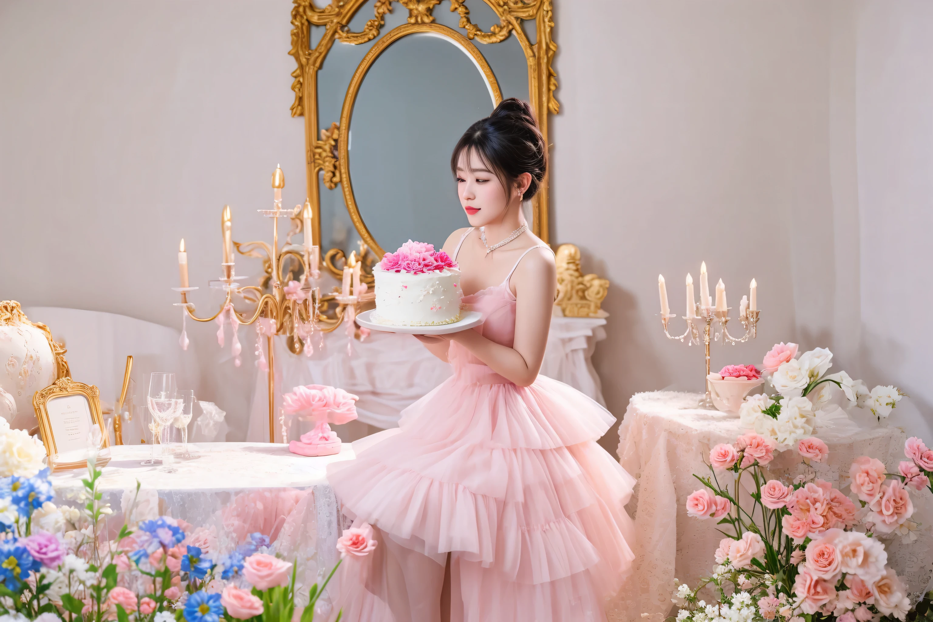 there is a woman in a pink dress holding a cake, wearing pink romantic tutu, wearing a pink romantic tutu, pink romantic tutu, with soft pink colors, happy birthday, shot with canon eoa 6 d mark ii, belle delphine, wearing a pink ballroom gown, ethereal fairytale, photo taken with nikon d 7 5 0, photo taken with nikon d750