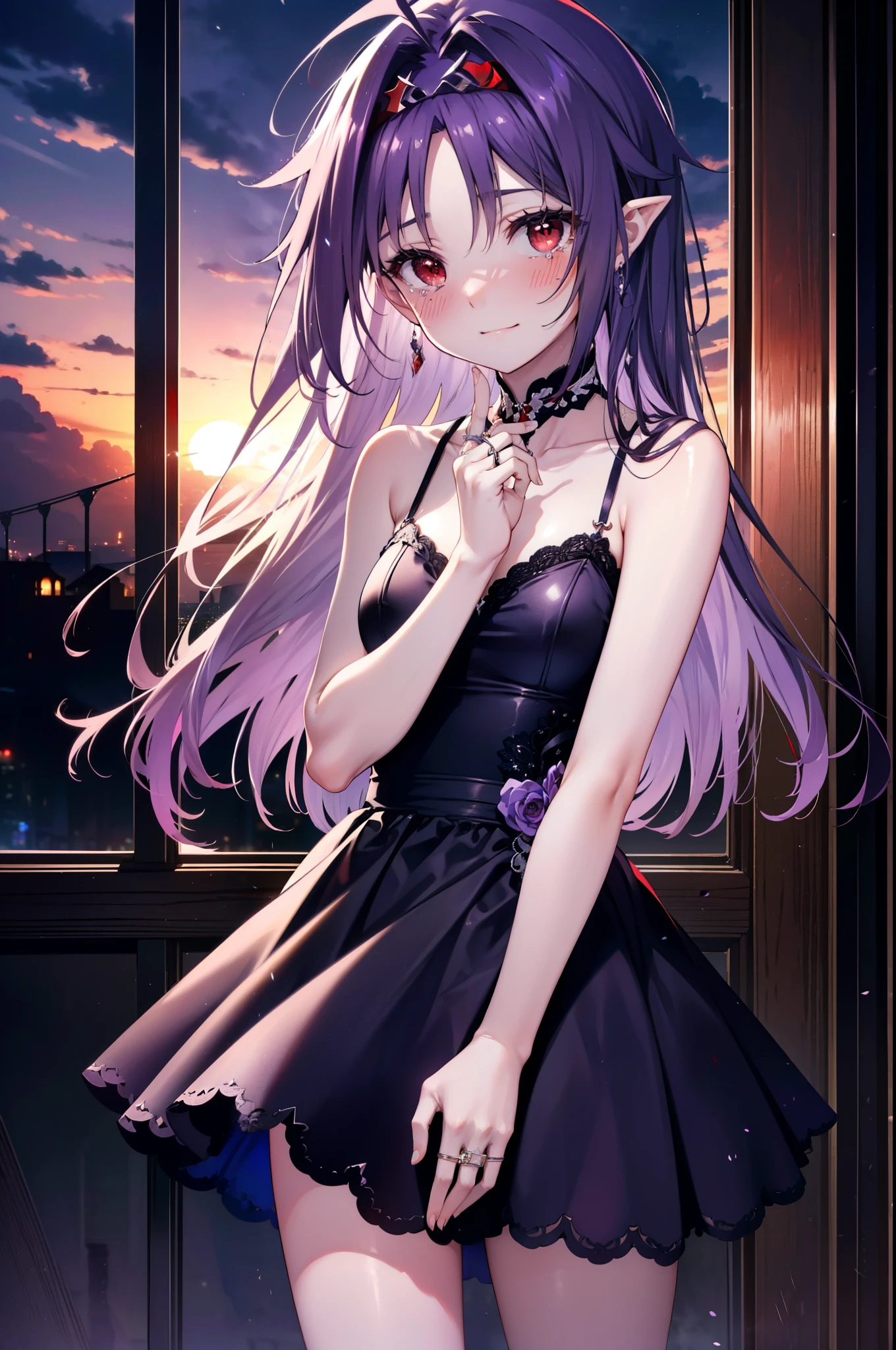 yuukikonno, Konno Yuuki,Long Hair, tiara,Pointed Ears, Purple Hair, (Red eyes:1.5), (Small breasts:1.2), smile,Purple Dress,Purple Long Skirt,Purple stiletto heels,Sleeveless,Expose your shoulders,Bare arms,Bare neck,bare clavicle,She is wearing a wedding ring on the ring finger of her left hand.,Heart Necklace,Tears stream down her face,Tears of joy,I cry a lot,Romantic night view,moonlight,
break outdoors, hill,
break looking at viewer, (Cowboy Shot:1.5),
break (masterpiece:1.2), highest quality, High resolution, unity 8k wallpaper, (shape:0.8), (Beautiful details:1.6), Highly detailed face, Perfect lighting, Extremely detailed CG, (Perfect hands, Perfect Anatomy),