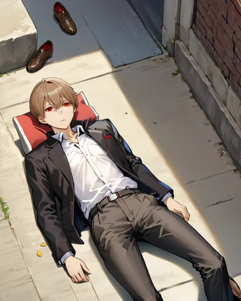 different birds eye view, lying down pose, 1man, light brown hair, red eyes, wearing black jacket, white sando, brown pants, brown shoes, male protagonist, absurdres, high res, ultrasharp, 8K, masterpiece, looking at viewer