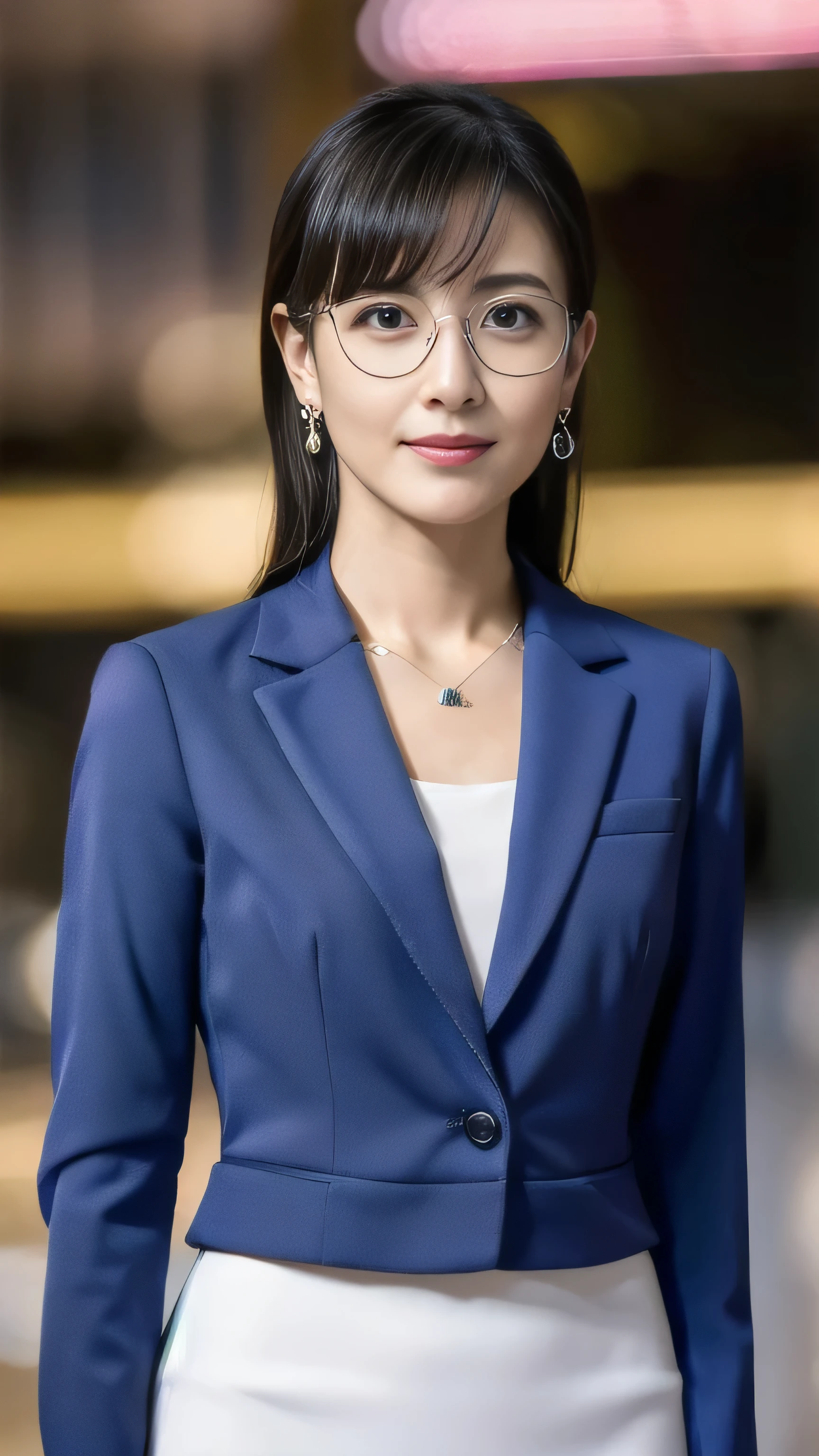 High resolution, Highly detailed photos, Hyper Real, Professional Lighting, Detailed bust, 8k wallpaper, Tabletop, highest quality, 1 girl, Beaver, Looking at the audience, suit, Dark blue suit, shirt, Silver-rimmed glasses, Earrings, necklace, mini skirt, Shapely bust, Bokeh, Lower your arms