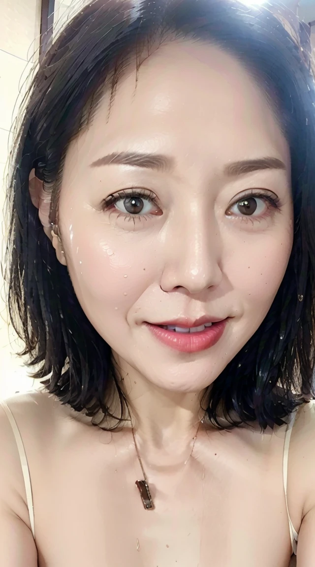 masterpiece,best quality, (mature:1), accurate anatomy, ((close up:1)), ((selfie)), Looking at the Viewer, ((open mouth:0.75)), ((your chin up:1.3)), cross arms, sweaty body:1, wet white shirt, ((seductive expression)), friendly, in room