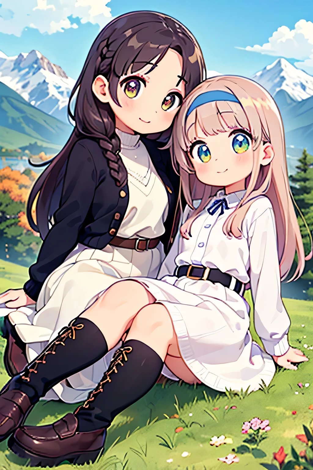 highest quality、High resolution、Detailed Background、(Beautiful face in every detail:1.4)、Anatomically correct、(Draw the usual number of fingers:1.2)、(Detailed facial expressions)、(Detailed eyes:1.2)、(Detailed eyes:1.2)、Beautiful, smooth skin、Teenage beauty、(Highly detailed face:1.4)、Cute color hair color、Braided Ponytail、Braided Bob、Braided long hair、Wavy Hairstyle、well-groomed eyebrows、Cute Eye Makeup、Cute Lip Makeup、In a joking manner、Do cute things、Sunny autumn mountain、A big smile、In the beautiful natural scenery、Spectacular natural scenery、Fit on one screen、
(Two beautiful girls having fun with friends with mountains in the background:1.5)、
Ladylike knitted dress style、Choose a midi-length knitted dress、
Wear a long wool cardigan on top and a belt around the waist to accentuate the silhouette.、Pair your feet with tall boots or loafers and accent the look with a headband.
