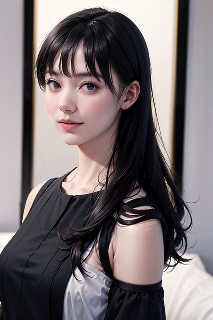 "(highest quality,8k,High resolution,masterpiece:1.2),Very detailed,(Realistic,photoRealistic,photo-Realistic:1.37),(Realistic:1.37),dark short hair,Flowing jet black hair,fringe,Deep black eyes,21 years old,Shoulder-length hair,Black clothes,Black Uniform,Moderate:Oil,Portrait of a Woman,smile,Vibrant colors,Soft lighting,Studio settings,Fine brushwork,White skin,Gentle expression,Subtle highlights,Thin hair bundle,A confident gaze,Classic black and white palette,Dramatic contrast,Bold composition,Mystery hint,Refined elegance,Professional Poses,Graceful posture,Perfect detail,Smooth skin texture,Perfect symmetry,Subtle background with hints of darkness,A conspiratorial mood,Sublime Art