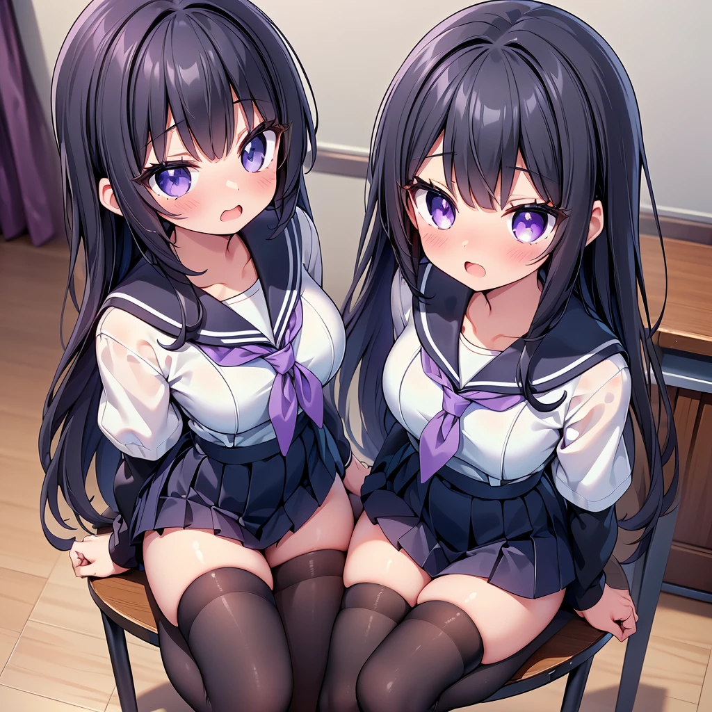 (cute eyes:1.2), (sparkling eyes:1.2), (8K、Best image quality、highest quality、masterpiece)、Detailed face、(2 girls)、Improve、(Black Hair, Purple Eyes, long hair)、(open mouth), (embarrassed), (skinny body:1.3),(small breasts), (sailor uniform:1.2), Sit on a chair, Classroom Background, (black stockings:1.1), (Thighs:1.2), (Waistline:1.2),(close-up shot of bust), (from above:1.2)