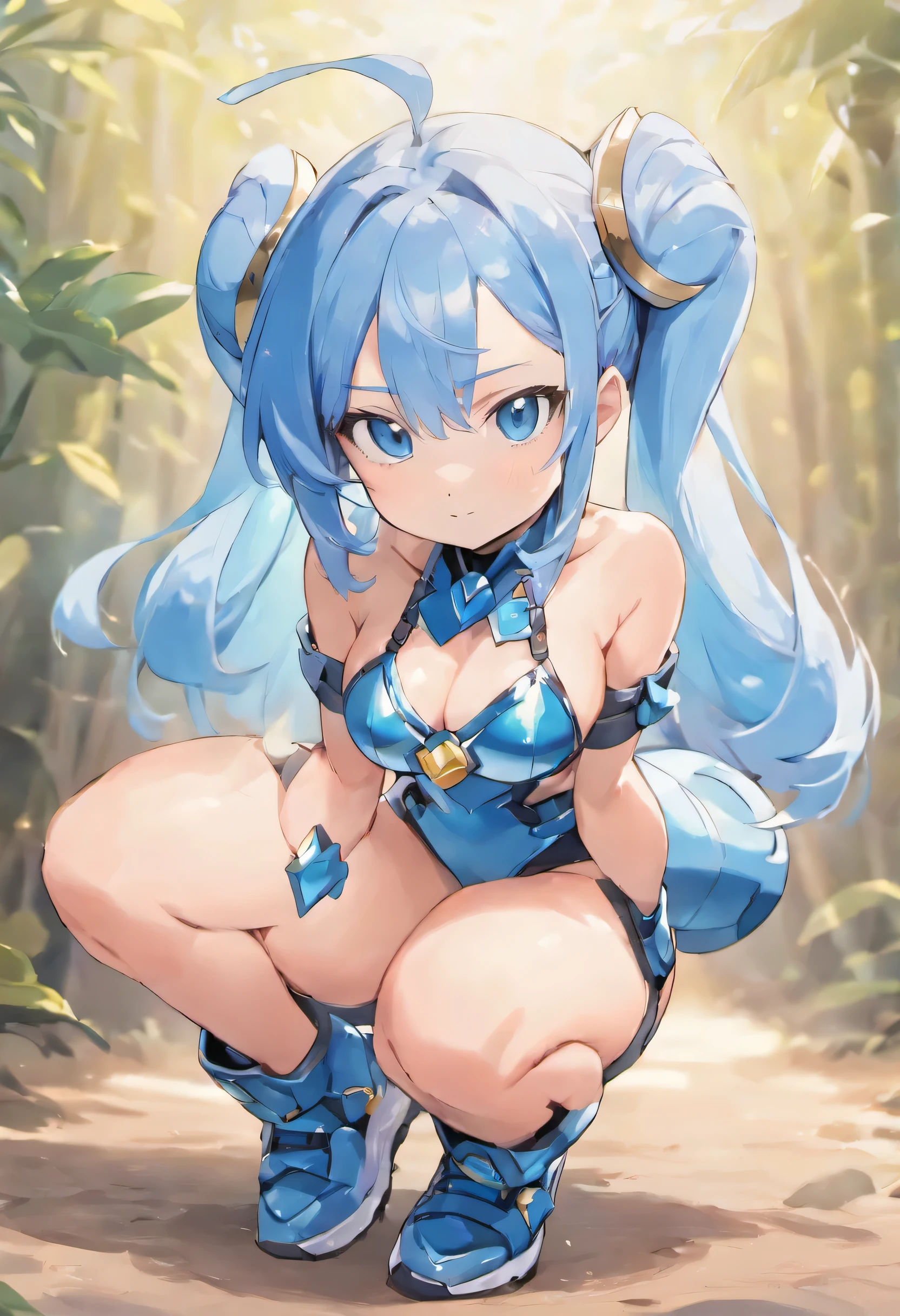 Bikini Armor　sneakers　Army Armor　Anime Girls　Wearing a shiny breastplate　Squat　Behind in both hands　Indigo Hair　pale blue eyes　army color