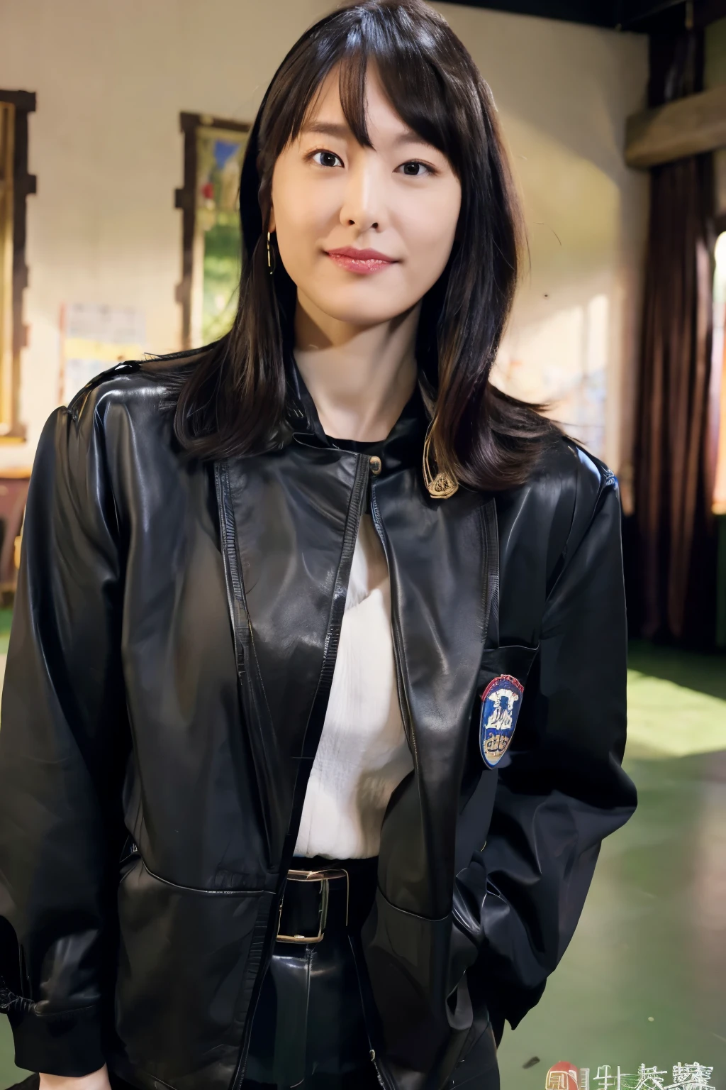 masterpiece, highest quality, Very detailed, Realistic,One Mature Woman、38 years old , sexy, classroom, Very detailedな顔, Black jacket,Black leather collar