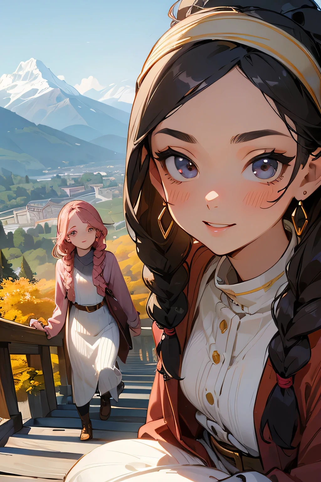 highest quality、High resolution、Detailed Background、(Beautiful face in every detail:1.4)、Anatomically correct、(Draw the usual number of fingers:1.2)、(Detailed facial expressions)、(Detailed eyes:1.2)、(Detailed eyes:1.2)、Beautiful, smooth skin、Teenage beauty、(Highly detailed face:1.4)、Cute color hair color、Braided Ponytail、Braided Bob、Braided long hair、Wavy Hairstyle、well-groomed eyebrows、Cute Eye Makeup、Cute Lip Makeup、In a joking manner、Do cute things、Sunny autumn mountain、A big smile、In the beautiful natural scenery、Spectacular natural scenery、Fit on one screen、

(Two beautiful girls having fun with friends with mountains in the background:1.5)、

Ladylike knitted dress style、Choose a midi-length knitted dress、
Wear a long wool cardigan on top and a belt around the waist to accentuate the silhouette.、Pair your feet with tall boots or loafers and accent the look with a headband.