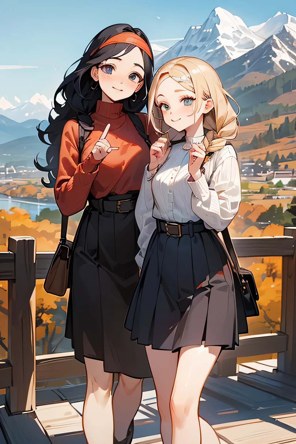 highest quality、High resolution、Detailed Background、(Beautiful face in every detail:1.4)、Anatomically correct、(Draw the usual number of fingers:1.2)、(Detailed facial expressions)、(Detailed eyes:1.2)、(Detailed eyes:1.2)、Beautiful, smooth skin、age beauty、(Highly detailed face:1.4)、Cute color hair color、Braided Ponytail、Braided Bob、Braided long hair、Wavy Hairstyle、well-groomed eyebrows、Cute Eye Makeup、Cute Lip Makeup、In a joking manner、Do cute things、Sunny autumn mountain、A big smile、In the beautiful natural scenery、Spectacular natural scenery、Fit on one screen、
(Two beautiful girls having fun with friends with mountains in the background:1.5)、
Ladylike knitted dress style、Choose a midi-length knitted dress、
Wear a long wool cardigan on top and a belt around the waist to accentuate the silhouette.、Pair your feet with tall boots or loafers and accent the look with a headband.