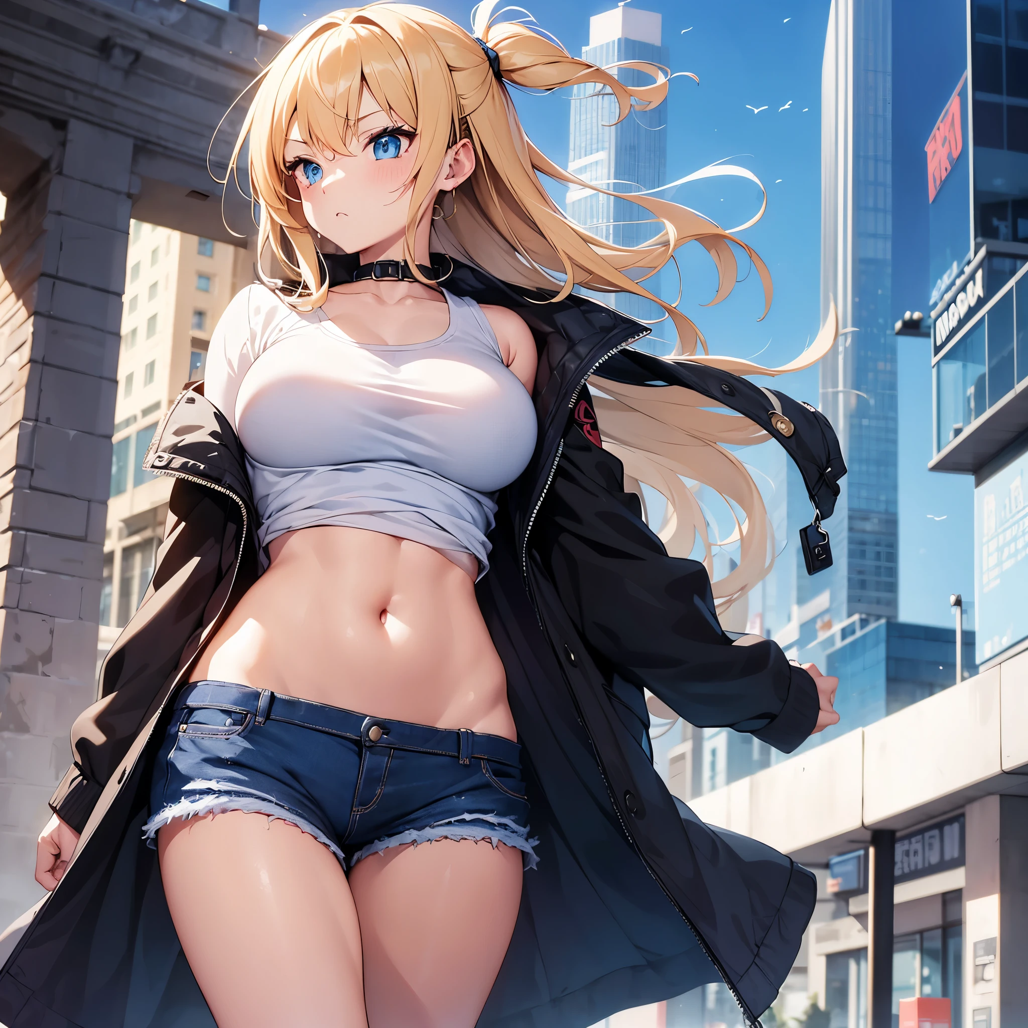 2D Anime Style、Blue eyes、breasts are slightly larger、A cool adult woman with bouncing short blonde hair and an angry expression.........、Wearing shorts and a long coat with fur、She wears a fashion that shows her stomach、hold the bag in the right hand。.。.、Hold your smartphone in your left hand,Walking around the city alone,