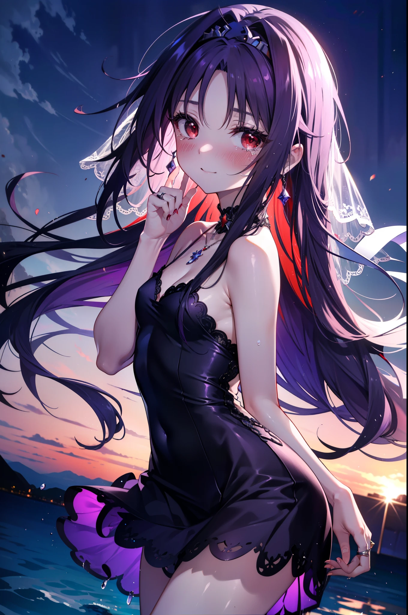 yuukikonno, Konno Yuuki,Long Hair, tiara,Pointed Ears, Purple Hair, (Red eyes:1.5), (Small breasts:1.2), smile,Purple Dress,Purple Long Skirt,Purple stiletto heels,Sleeveless,Expose your shoulders,Bare arms,Bare neck,bare clavicle,She is wearing a wedding ring on the ring finger of her left hand.,Heart Necklace,Tears stream down her face,Tears of joy,I cry a lot,Romantic night view,moonlight,
break outdoors, hill,
break looking at viewer, (Cowboy Shot:1.5),
break (masterpiece:1.2), highest quality, High resolution, unity 8k wallpaper, (shape:0.8), (Beautiful details:1.6), Highly detailed face, Perfect lighting, Extremely detailed CG, (Perfect hands, Perfect Anatomy),