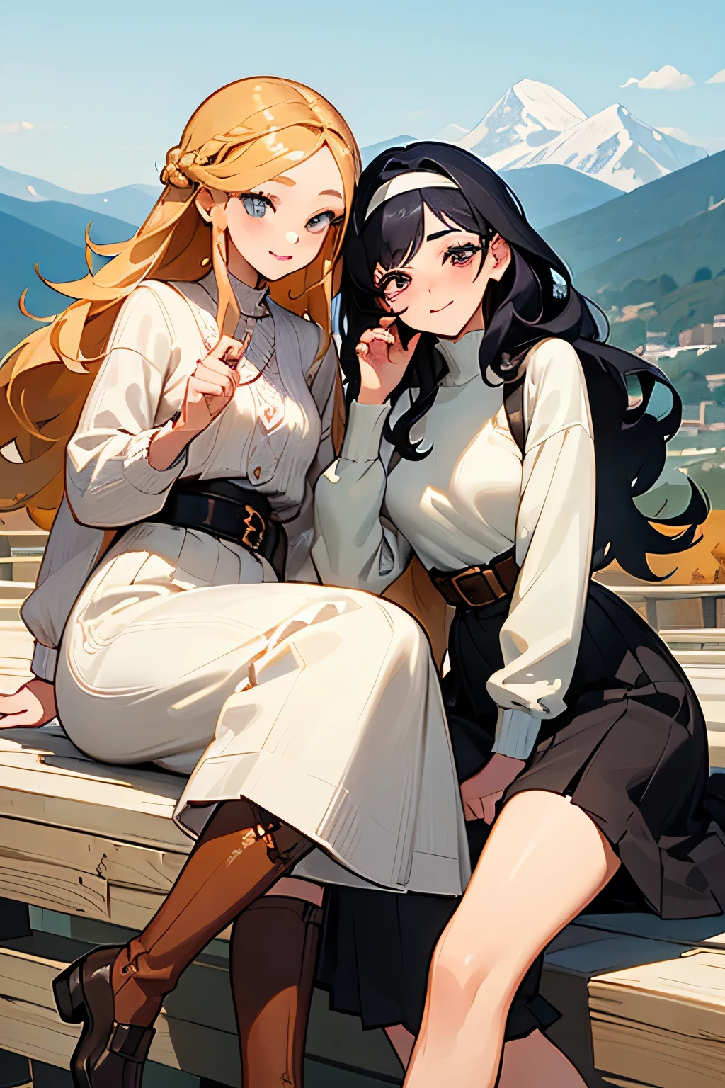 highest quality、High resolution、Detailed Background、(Beautiful face in every detail:1.4)、Anatomically correct、(Draw the usual number of fingers:1.2)、(Detailed facial expressions)、(Detailed eyes:1.2)、(Detailed eyes:1.2)、Beautiful, smooth skin、age beauty、(Highly detailed face:1.4)、Cute color hair color、Braided Ponytail、Braided Bob、Braided long hair、Wavy Hairstyle、well-groomed eyebrows、Cute Eye Makeup、Cute Lip Makeup、In a joking manner、Do cute things、Sunny autumn mountain、A big smile、In the beautiful natural scenery、Spectacular natural scenery、Fit on one screen、
(Two beautiful girls having fun with friends with mountains in the background:1.5)、
Ladylike knitted dress style、Choose a midi-length knitted dress、
Wear a long wool cardigan on top and a belt around the waist to accentuate the silhouette.、Pair your feet with tall boots or loafers and accent the look with a headband.