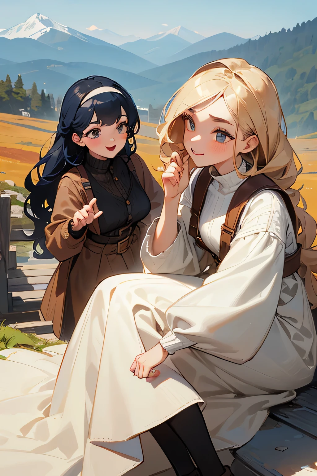 highest quality、High resolution、Detailed Background、(Beautiful face in every detail:1.4)、Anatomically correct、(Draw the usual number of fingers:1.2)、(Detailed facial expressions)、(Detailed eyes:1.2)、(Detailed eyes:1.2)、Beautiful, smooth skin、Teenage beauty、(Highly detailed face:1.4)、Cute color hair color、Braided Ponytail、Braided Bob、Braided long hair、Wavy Hairstyle、well-groomed eyebrows、Cute Eye Makeup、Cute Lip Makeup、In a joking manner、Do cute things、Sunny autumn mountain、A big smile、In the beautiful natural scenery、Spectacular natural scenery、Fit on one screen、

(Two beautiful girls having fun with friends with mountains in the background:1.5)、

Ladylike knitted dress style、Choose a midi-length knitted dress、
Wear a long wool cardigan on top and a belt around the waist to accentuate the silhouette.、Pair your feet with tall boots or loafers and accent the look with a headband.