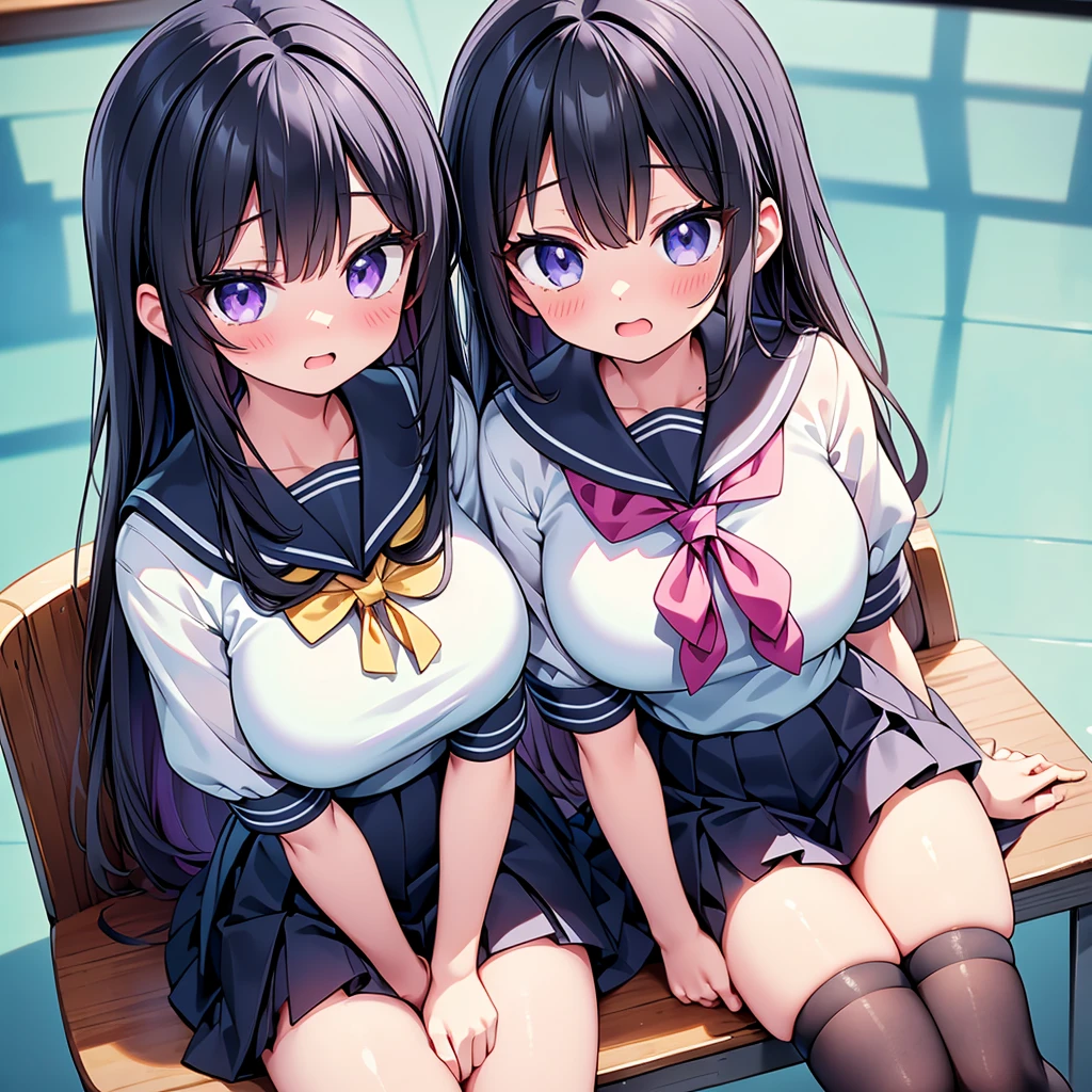 (cute eyes:1.2), (sparkling eyes:1.2), (8K、Best image quality、highest quality、masterpiece)、Detailed face、(2 girls)、Improve、(Black Hair, Purple Eyes, long hair)、(open mouth), (embarrassed), (skinny body:1.3),(midium breasts), (sailor uniform:1.2), Sit on a chair, Classroom Background, (black stockings:1.1), (Thighs:1.2), (Waistline:1.1),(close-up shot of bust), (from above:1.2)