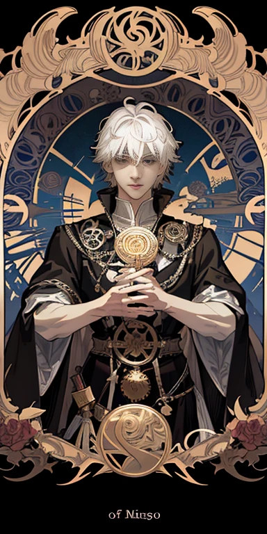 Masterpiece, Superior Quality,  boy, white hair, black gray eyes, mischievous, evil, sinister, carnival lighting, Tarot, Poet, Court of Fools, Symbolism, Visual Arts, Occult, Universal, Vision Casting, Philosophy, Iconography , Numerology, Popularity, Art, Alphonse Mucha