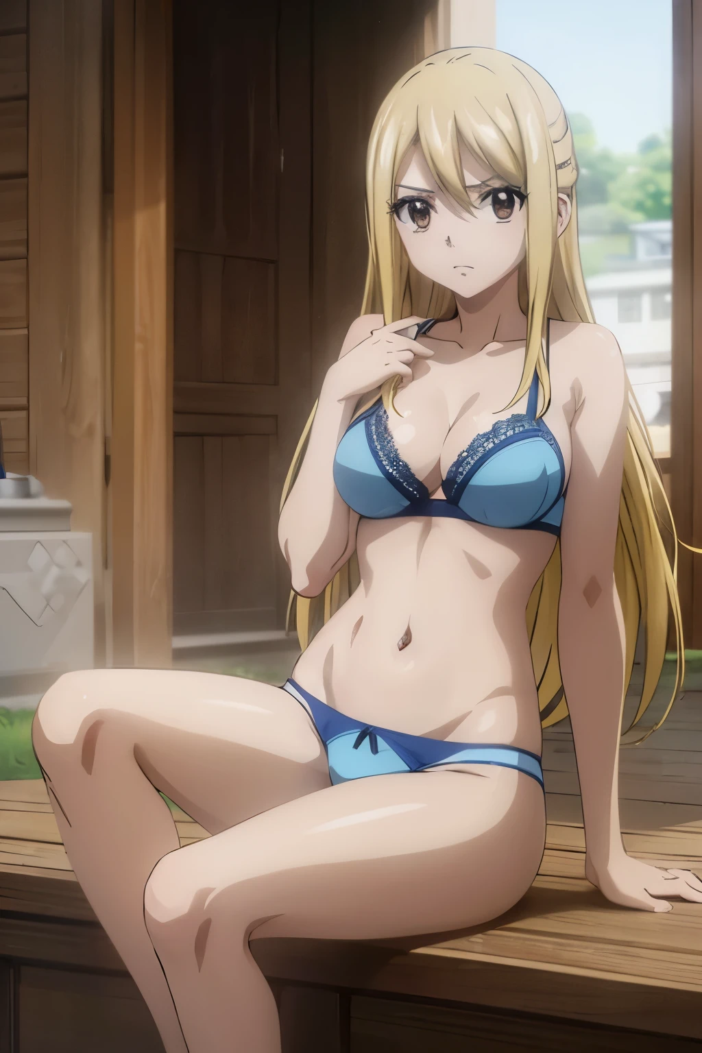 lucy heartfilia, long hair, blonde hair, (brown eyes:1.5), hair between eyes, sidelocks, tattoo, blue underwear,blue lace, blue bra, blue underwear, blue lingerie