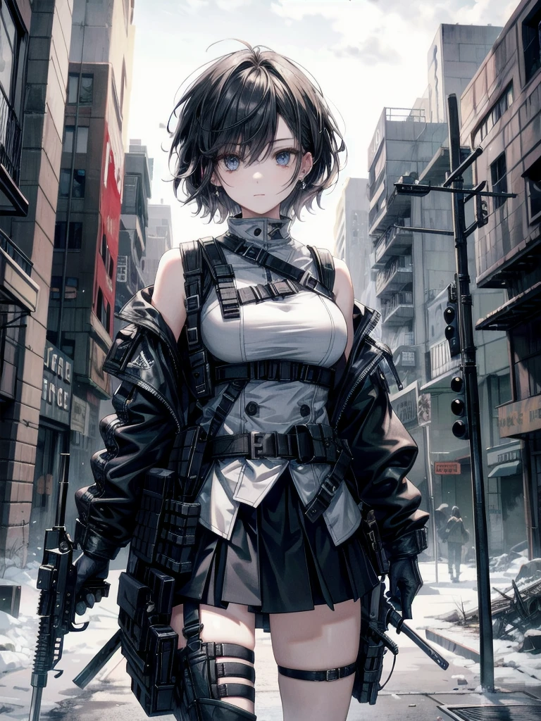 whole body, gunman attire, (((Multiple weapons floating in the air))), post apocalyptic city, absurdres, RAW photo, extremely delicate and beautiful, masterpiece, Best Quality, ultra high resolution, 32k, hyperrealistic, ultra-detailed, detailed description, pale skin, 20 years old, detailed beautiful face and eyes, tearful mole, earring, Colossal tits, short medium hair, wavy hair,