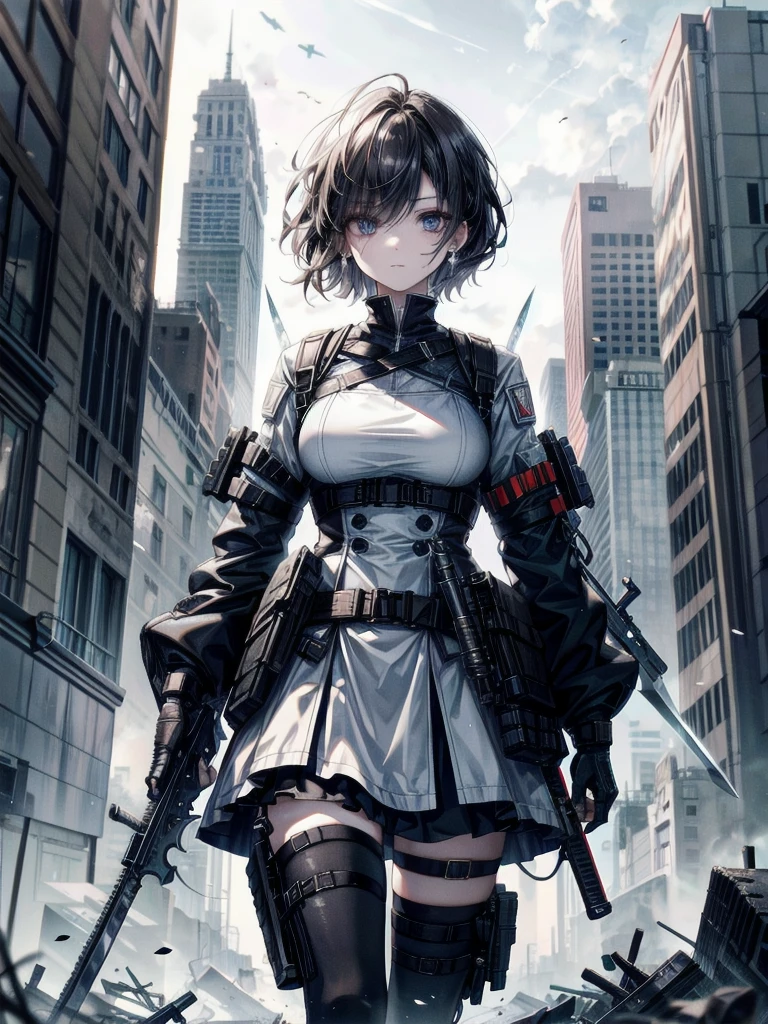 whole body, gunman attire, (((Multiple weapons floating in the air))), post apocalyptic city, absurdres, RAW photo, extremely delicate and beautiful, masterpiece, Best Quality, ultra high resolution, 32k, hyperrealistic, ultra-detailed, detailed description, pale skin, 20 years old, detailed beautiful face and eyes, tearful mole, earring, Colossal tits, short medium hair, wavy hair,