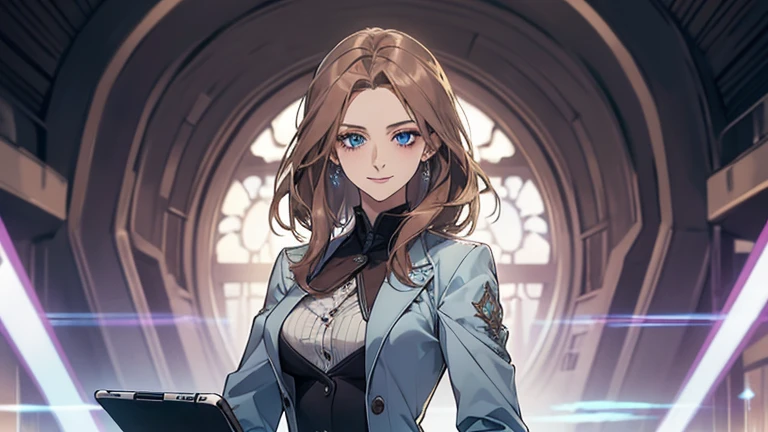 (highest quality,High resolution,Very detailed),1 girl, Beautiful and elegant light blue eyes, Brown Hair, Cold Smile,Medium Hair, Wearing a suit,secretary, Mature Woman, Age 25,Cruel smile, Calm and Calm, Slim figure,Small breasts, Pale complexion, thin, Calm, At the Laboratory,You are operating a tablet,I'm using an intercom