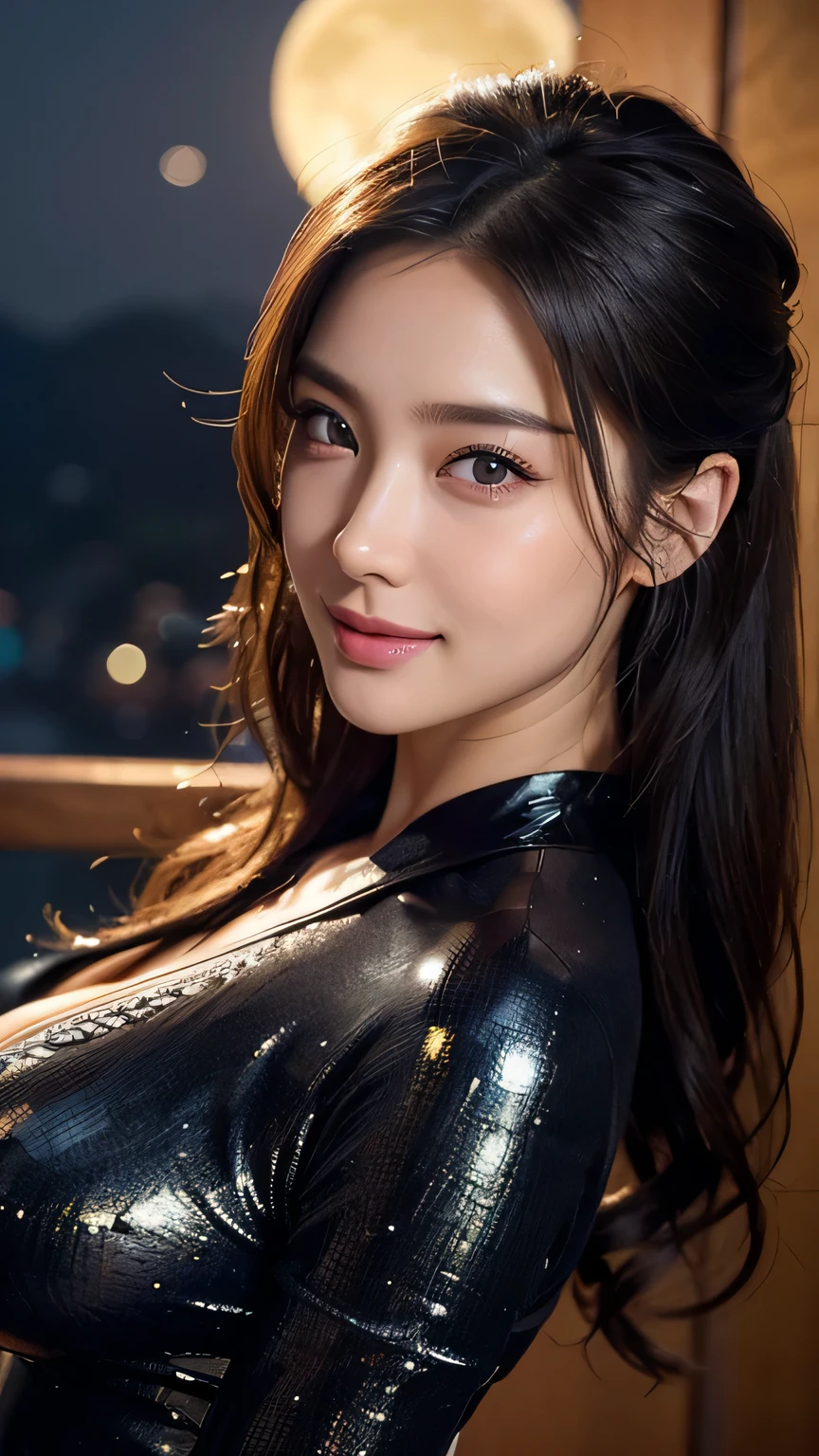 Beautiful woman in kimono,Body Portrait、8k,Beautiful and beautiful eyes,Dindal effect、masterpiece, 最high quality, high quality, High resolution、Very detailed photos、(Natural skin texture、Fine skin、Hyperrealism、Ultra Sharpness)、Skin with attention to detail、(Very detailed、Fine skin texture、Intricate details、Beautiful Face、(A vivid face)、Realistic eyes、Beautiful and detailed、Realistic Skin、Beautiful Skin、Surreal、Very detailed、Golden Ratio、With a smile、((Night moonlight background))、Body Portrait、G-Cup、Big Breasts,glamorous,Shiny bodysuit