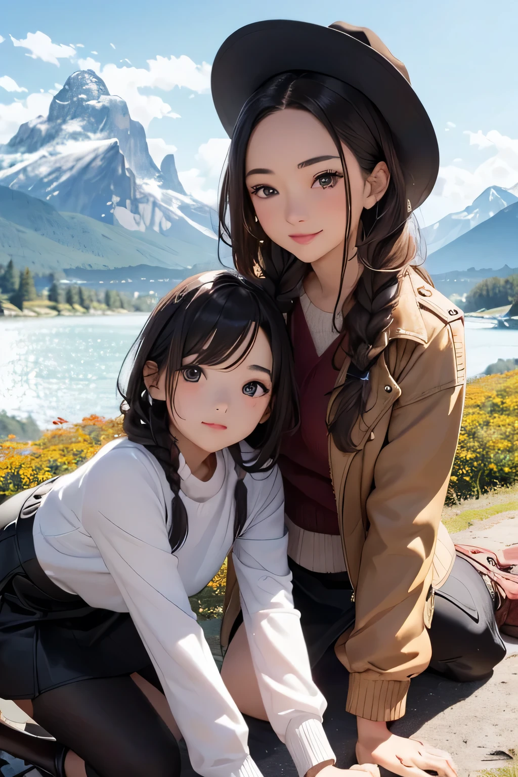 highest quality、High resolution、Detailed Background、(Beautiful face in every detail:1.4)、Anatomically correct、(Draw the usual number of fingers:1.2)、(Detailed facial expressions)、(Detailed eyes:1.2)、(Detailed eyes:1.2)、Beautiful, smooth skin、Teenage beauty、(Highly detailed face:1.4)、Cute color hair color、Braided Ponytail、Braided Bob、Braided long hair、Wavy Hairstyle、well-groomed eyebrows、Cute Eye Makeup、Cute Lip Makeup、In a joking manner、Do cute things、Sunny autumn mountain、A big smile、In the beautiful natural scenery、Spectacular natural scenery、Fit on one screen、
(Two beautiful girls having fun with friends with mountains in the background:1.5)、
Casual and mature leather style、Pair your leather skirt with a knit or shirt、Wear a shearling jacket or leather jacket on top.、Wear boots or sneakers and complete the look with a wide brim hat.