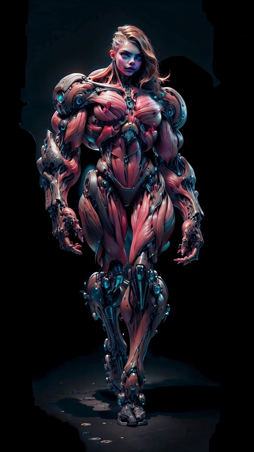 (1 girl), (cara delevingne), (muscular android girl wearing a black anatomic cybernetic muscle suit:1.25), (wide shoulders:1.25), (muscular defined physique:1.25), perfect hands, long hair, large breasts, high resolution image, extreme detail, blank background