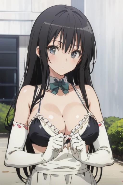 (megami magazine, anime poster style, shueisha style, anime cels style, best quality, high resolution), Kotegawa Yui, long hair, black hair, (beautiful detailed eyes:1.8, beautiful face:1.5), 1girl, cute, (sagging large breasts), cleavage, (black maid bikini:1.5, waist apron), upper body, maid gloves, elbow gloves, outdoors, farm