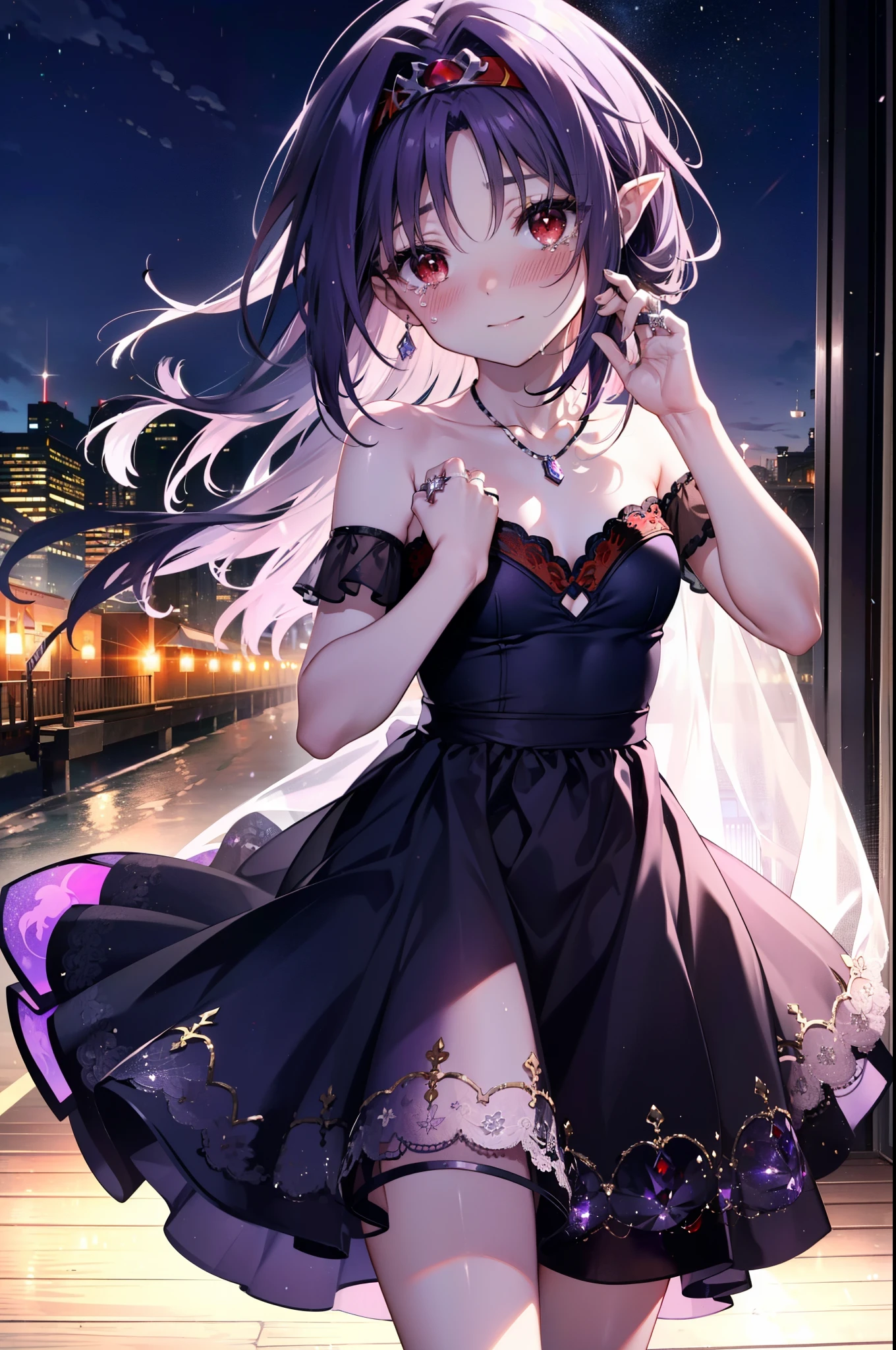 yuukikonno, Konno Yuuki,Long Hair, tiara,Pointed Ears, Purple Hair, (Red eyes:1.5), (Small breasts:1.2), smile,Purple Dress,Purple Long Skirt,Purple stiletto heels,Sleeveless,Expose your shoulders,Bare arms,Bare neck,bare clavicle,She is wearing a wedding ring on the ring finger of her left hand.,Heart Necklace,Tears stream down her face,Tears of joy,I cry a lot,Romantic night view,moonlight,
break outdoors, hill,
break looking at viewer, (Cowboy Shot:1.5),
break (masterpiece:1.2), highest quality, High resolution, unity 8k wallpaper, (shape:0.8), (Beautiful details:1.6), Highly detailed face, Perfect lighting, Extremely detailed CG, (Perfect hands, Perfect Anatomy),