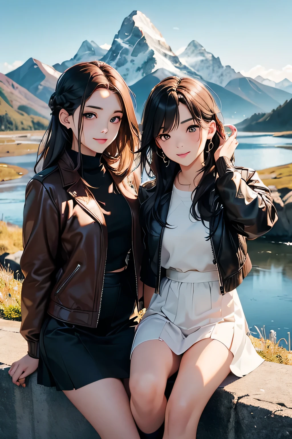 highest quality、High resolution、Detailed Background、(Beautiful face in every detail:1.4)、Anatomically correct、(Draw the usual number of fingers:1.2)、(Detailed facial expressions)、(Detailed eyes:1.2)、(Detailed eyes:1.2)、Beautiful, smooth skin、age beauty、(Highly detailed face:1.4)、Cute color hair color、Braided Ponytail、Braided Bob、Braided long hair、Wavy Hairstyle、well-groomed eyebrows、Cute Eye Makeup、Cute Lip Makeup、In a joking manner、Do cute things、Sunny autumn mountain、A big smile、In the beautiful natural scenery、Spectacular natural scenery、Fit on one screen、

(Two beautiful girls having fun with friends with mountains in the background:1.5)、

Casual and mature leather style、Pair your leather skirt with a knit or shirt、Wear a shearling jacket or leather jacket on top.、Complete your look with boots or sneakers.