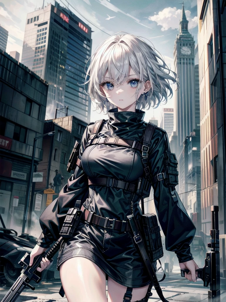 whole body, gunman attire, (((floating weapons))), post apocalyptic city, absurdres, RAW photo, extremely delicate and beautiful, masterpiece, Best Quality, ultra high resolution, 32k, hyperrealistic, ultra-detailed, detailed description, pale skin, 20 years old, detailed beautiful face and eyes, tearful mole, earring, Colossal tits, short medium hair, wavy hair,
