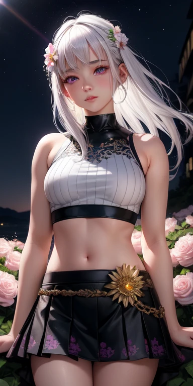 realistic, 1girl, white hair, purple eyes, glowing eyes, crop top, skirt, parted lips, blush, night, flowers, sun, sunlight,