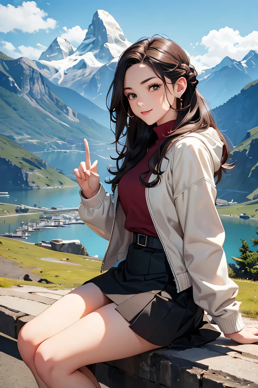 highest quality、High resolution、Detailed Background、(Beautiful face in every detail:1.4)、Anatomically correct、(Draw the usual number of fingers:1.2)、(Detailed facial expressions)、(Detailed eyes:1.2)、(Detailed eyes:1.2)、Beautiful, smooth skin、Teenage beauty、(Highly detailed face:1.4)、Cute color hair color、Braided Ponytail、Braided Bob、Braided long hair、Wavy Hairstyle、well-groomed eyebrows、Cute Eye Makeup、Cute Lip Makeup、In a joking manner、Do cute things、Sunny autumn mountain、A big smile、In the beautiful natural scenery、Spectacular natural scenery、Fit on one screen、
(Two beautiful girls having fun with friends with mountains in the background:1.5)、
Casual and mature leather style、Pair your leather skirt with a knit or shirt、Wear a shearling jacket or leather jacket on top.、Complete your look with boots or sneakers.