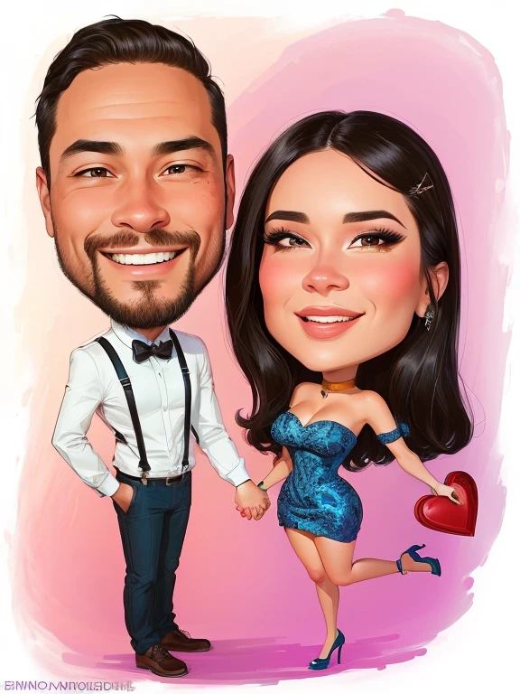 JIM EIDOMODE, 4K, a cartoon of a man and a woman holding hands and a heart, caricature style, caricature, caricature illustration, in cartoon style, caricature!!!, caricature, cartoon portrait, CARTOON ART, caricature, cartoon style illustration, CARTOON ARTstyle, Couple portrait, by Volkan Baga, hand painted CARTOON ART style, cartoon digital art, couple portrait