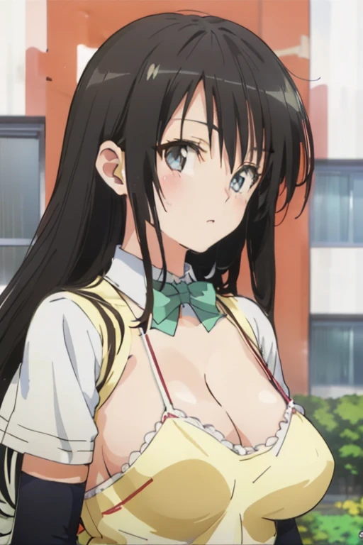 (megami magazine, anime poster style, shueisha style, anime cels style, best quality, high resolution), Kotegawa Yui, long hair, black hair, (beautiful detailed eyes:1.8, beautiful face:1.5), 1girl, cute, (sagging large breasts), cleavage, (black maid bikini:1.5, waist apron), upper body, maid gloves, elbow gloves, outdoors, farm